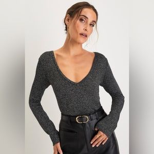 Lulus Sparkly Black and Silver Metalic V-neck shirt